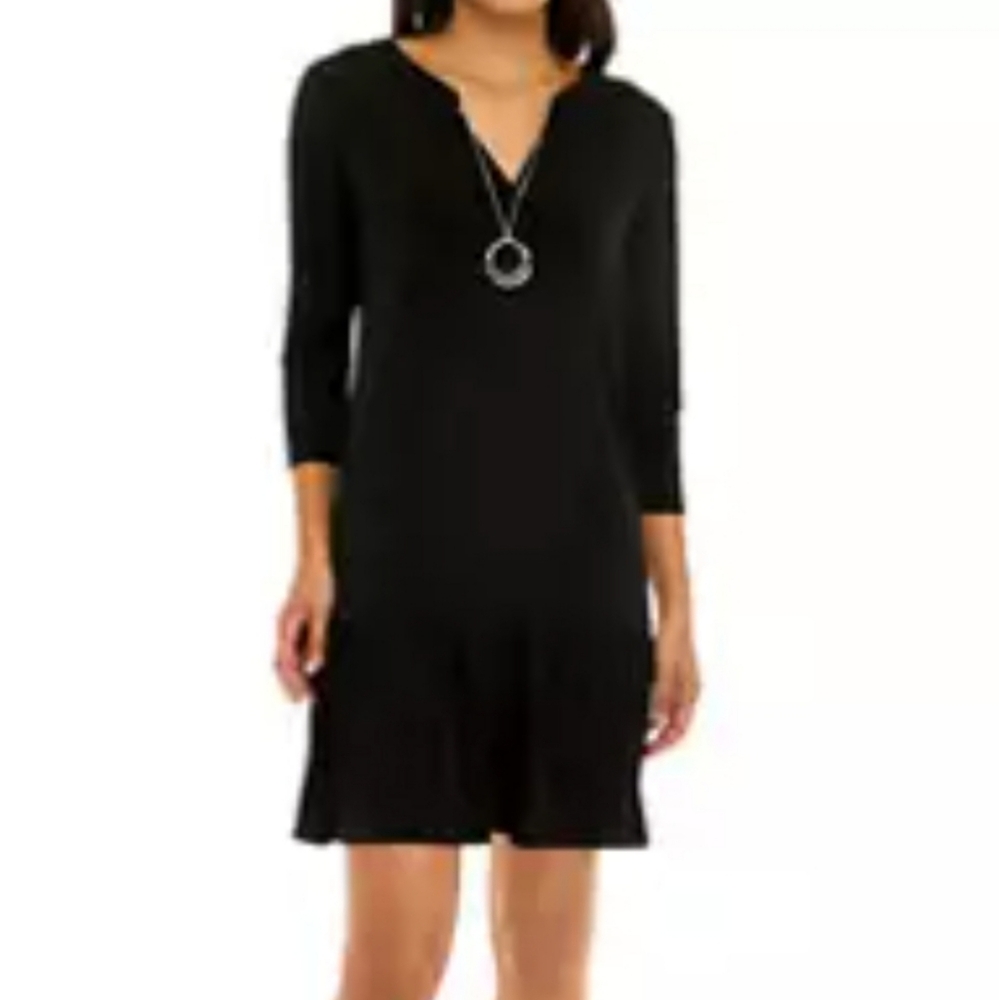 AGB Black 3/4 Sleeve V-Neck Ruffle Hem Dress Sz L, EUC